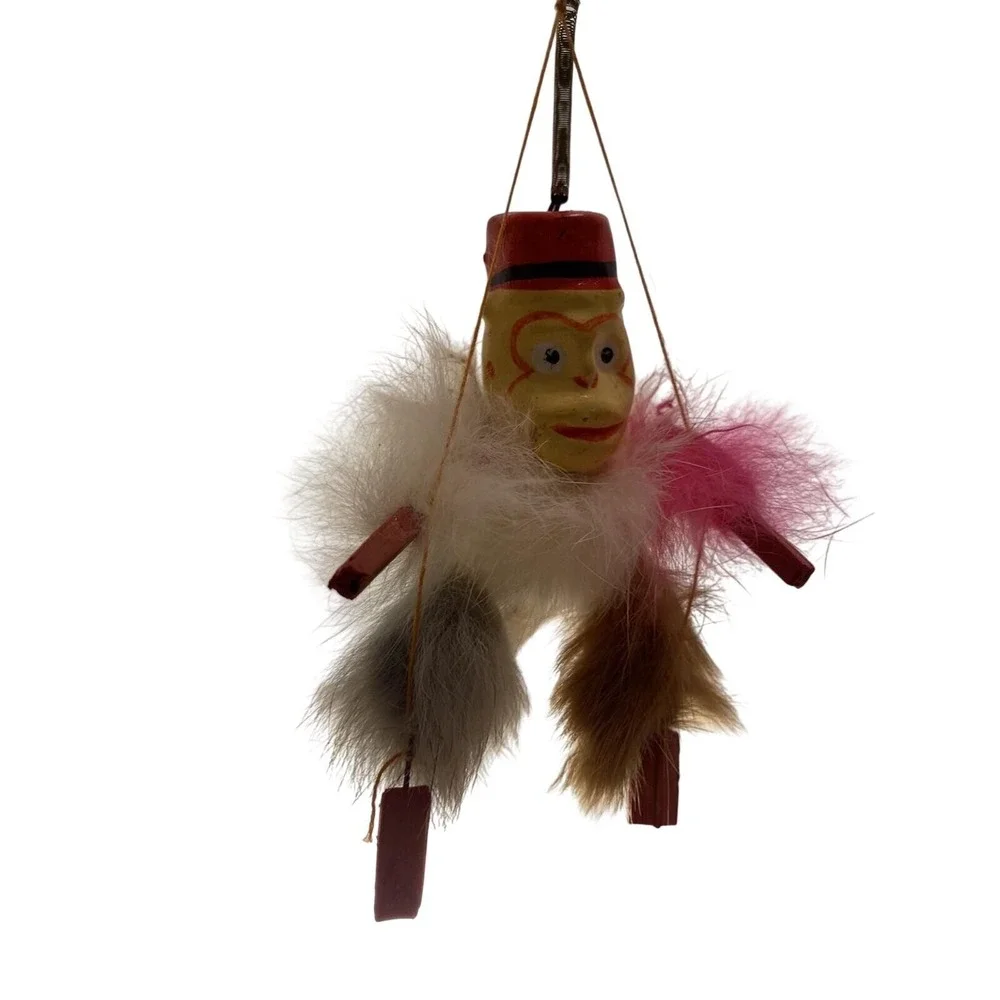 Antique Celluloid Monkey toy Hanging Bouncy Spring Feathers